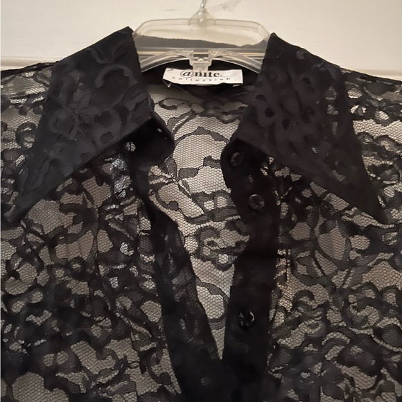 A Nite Tops - Black, sheer lace button-down shirt